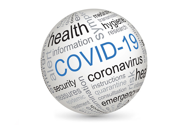 A sphere bearing covid 19 and coronavirus  text