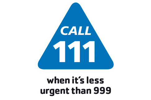 NHS 111 Logo with the letters call 111 on a blue triangular background with the words when it's less urgent than 999